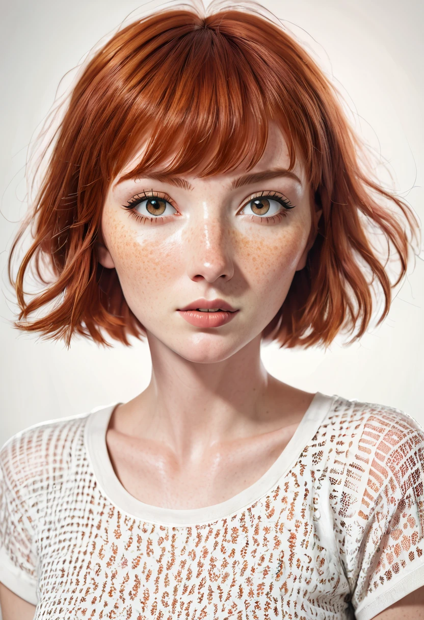 Redhead woman with short hair and bangs , black eyes and freckles ,realistic styling 
