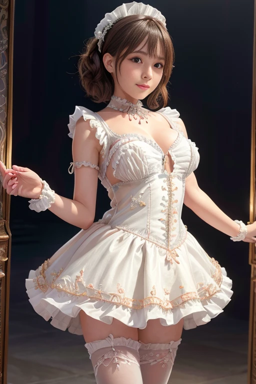 8k、 best quality 、MAXIMUM CLARITY  、  very detailed、Beautiful art、  very detailed、  biologically correct body  、  gentle smile、Maternal、 Transparent muscle 、   super big boobs 、(((   luxurious ruffles and delicate embroidery)))、  pantyhose、( nipples sticking out from under clothes )、 high definition , accurate、OPENING SKIRT 、 Shorthair