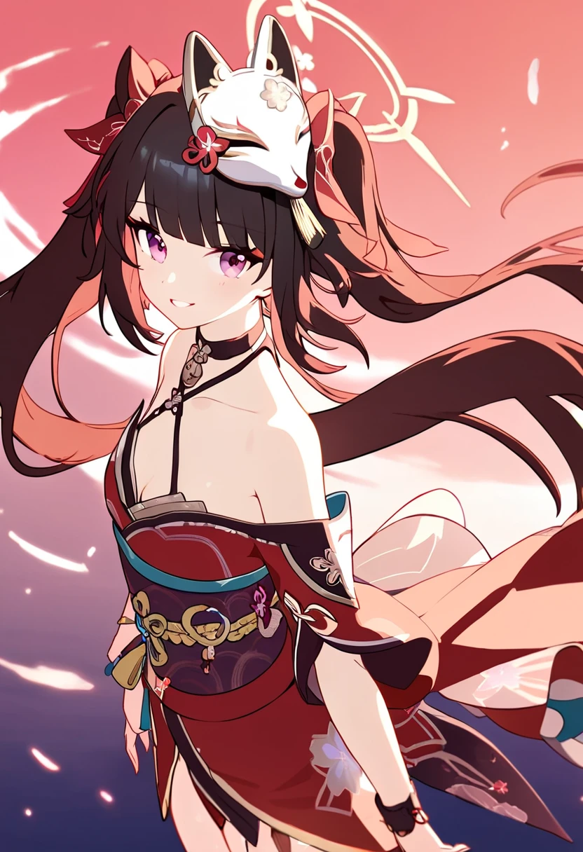 Masterpiece, best quality, 1 girl, solo, upper body, genshin impact, 1 girl, breasts, cherry blossoms, closed mouth, black long wavy hair, in a Victorian style dress, jewelry, long hair, looking at spectator, medium breasts, blue eyes,  outdoors, smile, solo, wide sleeves, dynamic pose, genshin, 