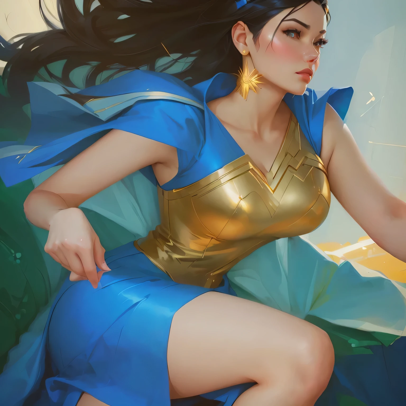 masterpiece, best quality, High Definition, (style-swirlmagic:0.8), portrait, solo, detailed background, detailed face, beautiful smile, (aztec theme:1.1), (glowing eyes:1.05), wise, witchdoctor shaman, mystical, yellow clothes, totem, obsidian, headdress, campfire in background, ritual, storm, cinematic atmosphere, (dress lift:1.3), (((showing her pussy))), thong, rainbown hair, nude ass