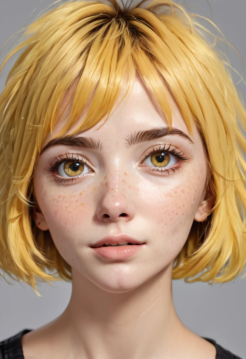 bellissima, 1girl, solo, looking at viewer, short hair, bangs, yellow hair, simple background, parted lips, teeth, grey background, mole, lips, eyelashes, messy hair, portrait, mole under mouth, freckles, realistic, nose
