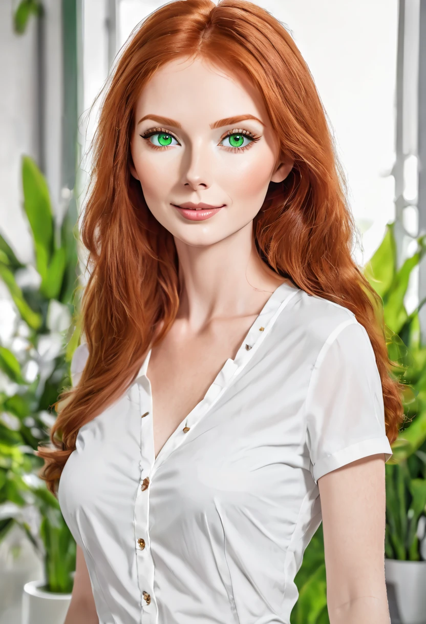 Create the round face of a beautiful redhead woman, green eyes, 28 ans, 1m68, 60kg, sportive, squared hair, without cosmetic surgery. 90C chest, waist size 38.
