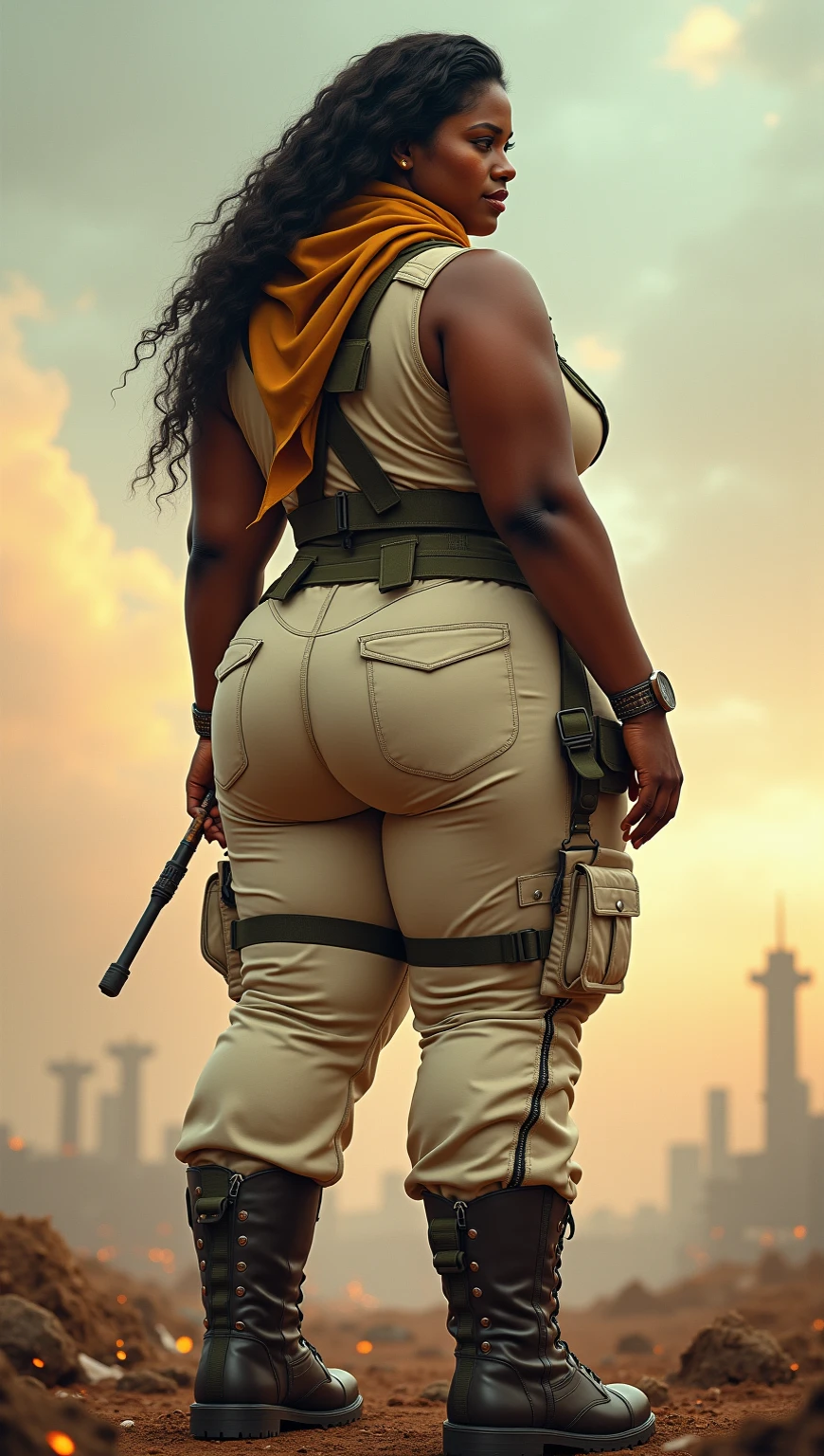 light skinned African American, smooth silky long pony tail, glasses, huge gigantic tits, big thick ass, cute, sexy, beautiful face, make up, wearing tan colored puffer jacket, tan cargo pants, ring earrings, clear colored high heels, taking ass pics outside on wall