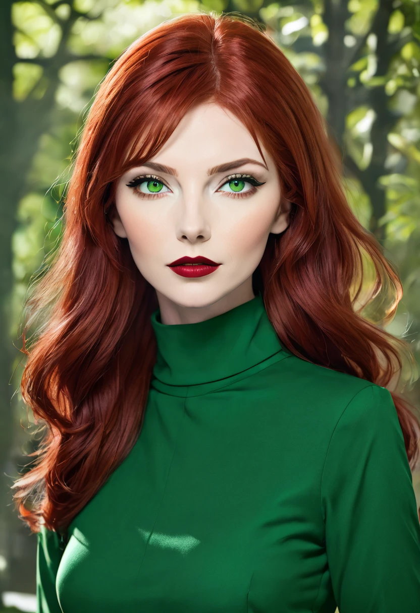 Make a redhead woman with wolf cut hair with green eyes and dark red turtleneck blouse 