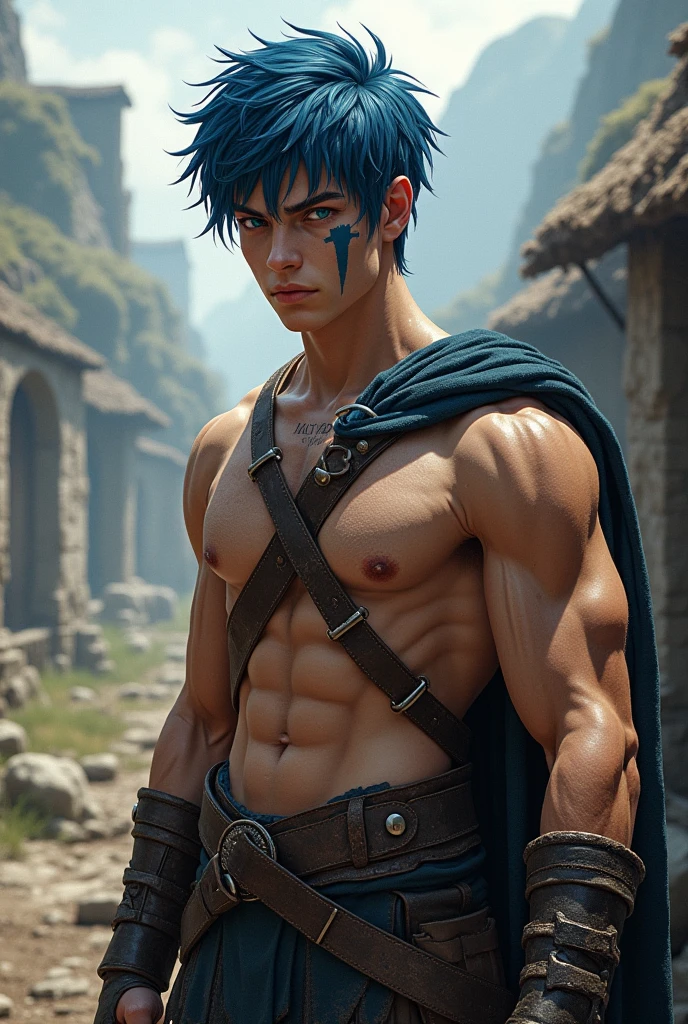 8K, work of art, best qualityer, realisitic, highy detailed, cowboy shot, 1 young boy, standing alone, Fuutarou, young man, skin fair, Bblack hair, bowl cut, Two wires sticking out of the back of your head, strip that covers the head, blue colored eyes, lean physique, tall build, tends to be sloppy, serious expression, scary and violent vibe, the way you want, Careful