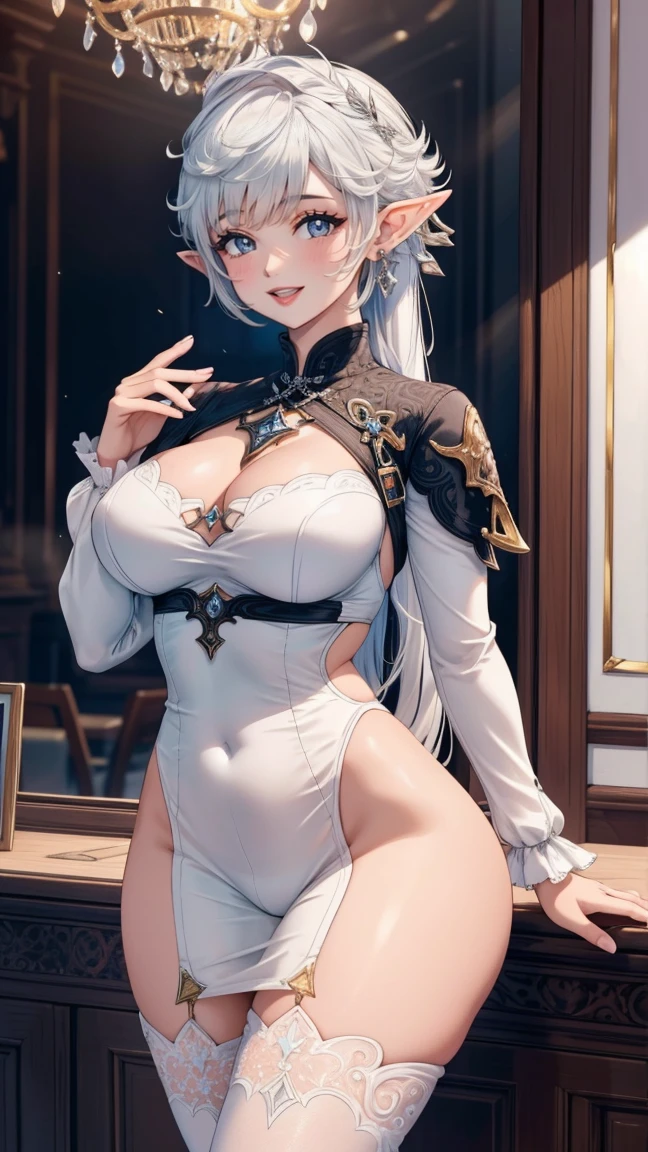 (masterpiece:1.2, best quality), (intricate details), alisaie, (alisaie leveilleur (final fantasy)), 1girl, elf ears, white bodycon, realism, Detailed, intricate, sharp focus, Ultra-detailed, detailed pupils, puffy lips, skindentation, (intricate detail), (Soft Lighting), Charming smile, white hair, aged up, older, (mature), (large breasts), nice hips, wide thighs, (hourglass figure), adult, long hair, (milf),