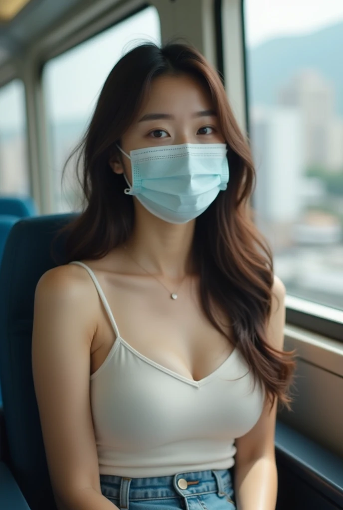 Asian woman with a mask on her face and a backpack, painting by Siby Kokan, Tumblr, made a sucker, boobs, (SFV) safe to work, Yoshitomo Nara, breasts covered and SFV, with big breasts, clothes with an open V-neck on the chest