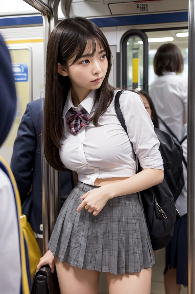 woman　high school girl　uniform　shirt　肌からshirt　miniスカート　in the train　From the back振り向く　生意気なwoman　Ecchi images　　Molester　mini　Large Breasts　Panties are pushed aside and insertion　A man touches my chest　Nipples are visible　16 years old　From the back　Bend over　Put your hands on the wall　Check skirt　crowded train