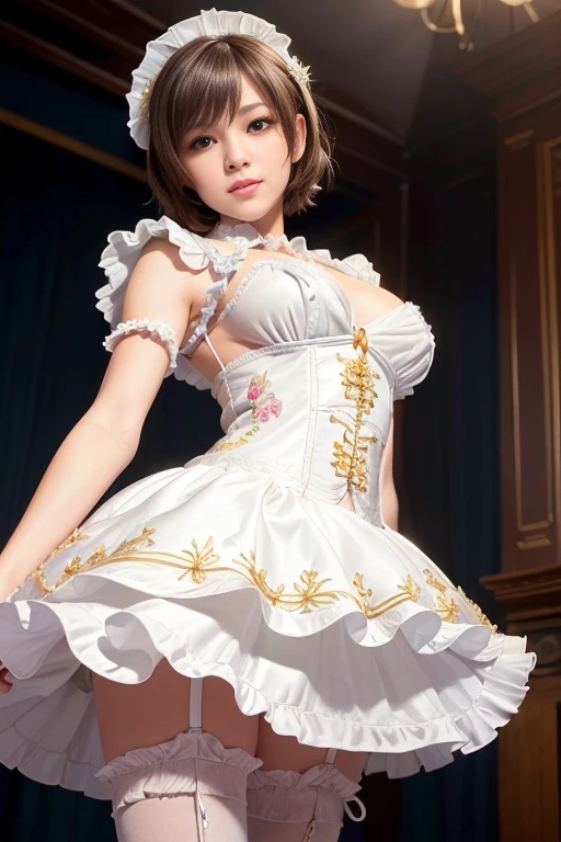 8k、 best quality 、MAXIMUM CLARITY  、  very detailed、Beautiful art、  very detailed、  biologically correct body  、  gentle smile、Maternal、 Transparent muscle 、   super big boobs 、(((   luxurious ruffles and delicate embroidery)))、  pantyhose、( nipples sticking out from under clothes )、 high definition , accurate、(((OPENING SKIRT )))、 Shorthair