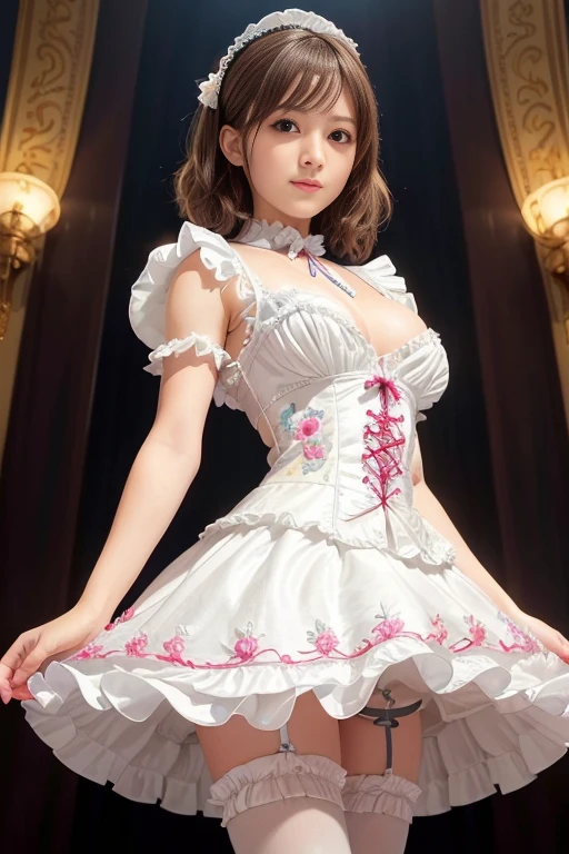 8k、 best quality 、MAXIMUM CLARITY  、  very detailed、Beautiful art、  very detailed、  biologically correct body  、  gentle smile、Maternal、 Transparent muscle 、   super big boobs 、(((   luxurious ruffles and delicate embroidery)))、  pantyhose、( nipples sticking out from under clothes )、 high definition , accurate、(((OPENING SKIRT )))、 Shorthair