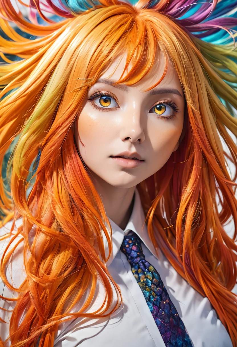 Colorful hair, Gradient hair, carrot hair ornament, Moles under the eyes, Amber eyes, High Detail, Realism, Surrealism, modern Art, light, spark, Wide-angle lens, F/1.2, best quality, The award-winning, 8K, Super Detail, Ultra HD