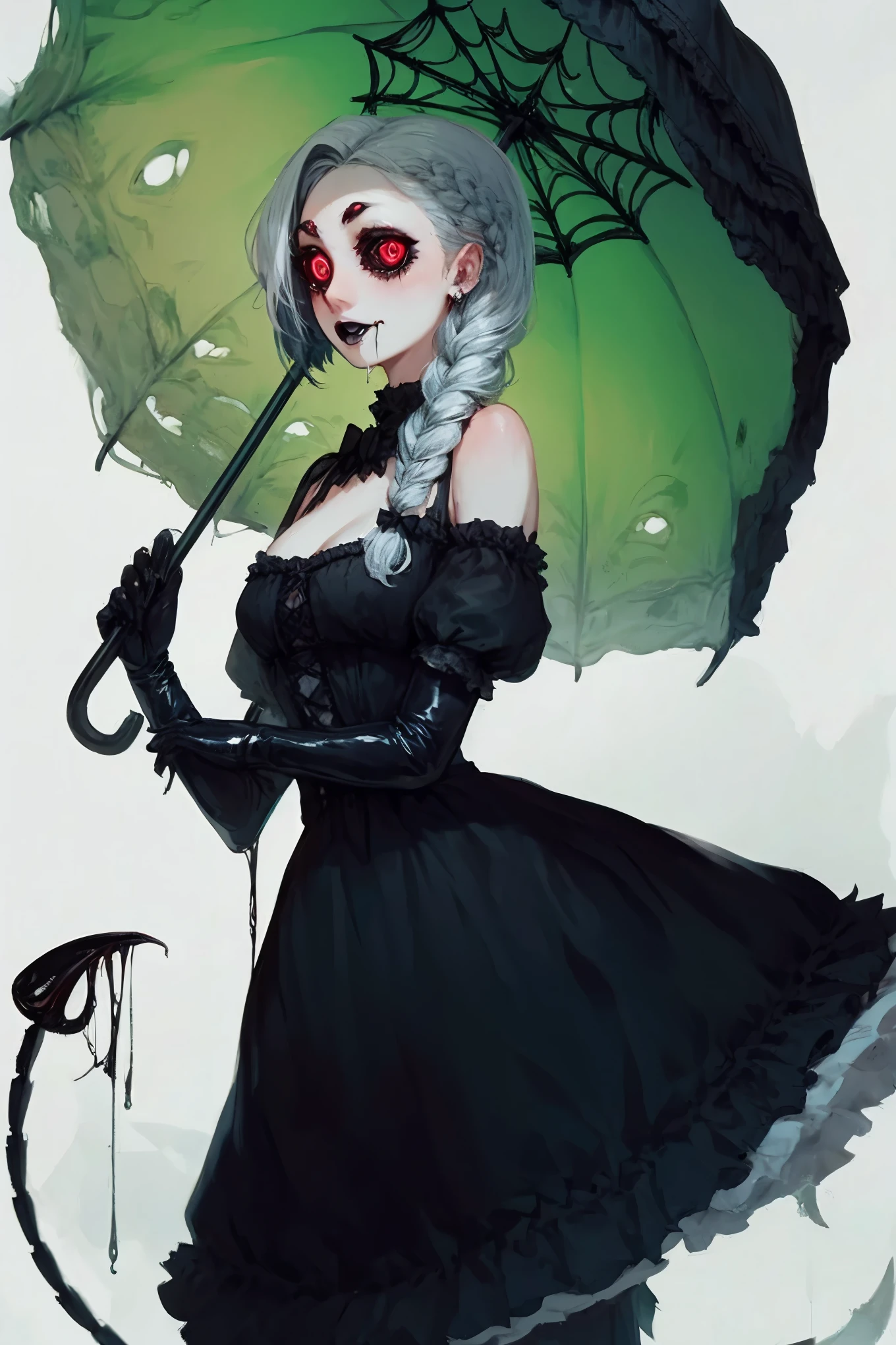 Scorpion girl. Black gothic dress. Scorpion tail. Crustacean. Parasol. Silver hair. Horror eyes. Single braid. Crustacean left hand. Black gloves. Spider eyes in her hair. Dripping green mucus.