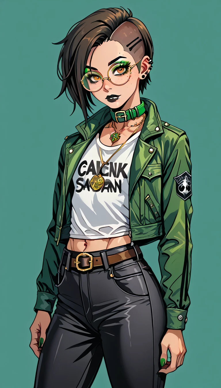 1boy;Androgynous;dark brown punk undercut hair;gold eyes;freckled skin;toned,athletic body;black lip gloss;black eyeliner;green eyeshadow;sharp black nails;round glasses;black tight full shirt;black cargo pants;green belt;Green Canvas Jacket;Combat Boots;amber pendant;green collar;pierced ears;GothMOONXL
