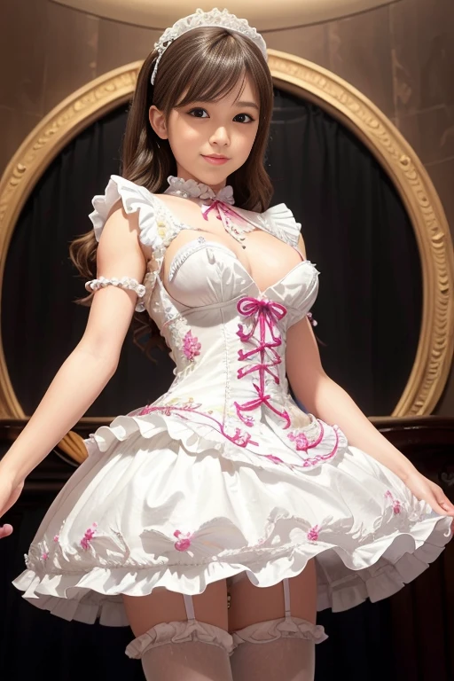 8k、 best quality 、MAXIMUM CLARITY  、  very detailed、Beautiful art、  very detailed、  biologically correct body  、  gentle smile、Maternal、 Transparent muscle 、   super big boobs 、(((   luxurious ruffles and delicate embroidery)))、  pantyhose、((Nipples that insist from under clothes))、 high definition , accurate、(((OPENING SKIRT )))