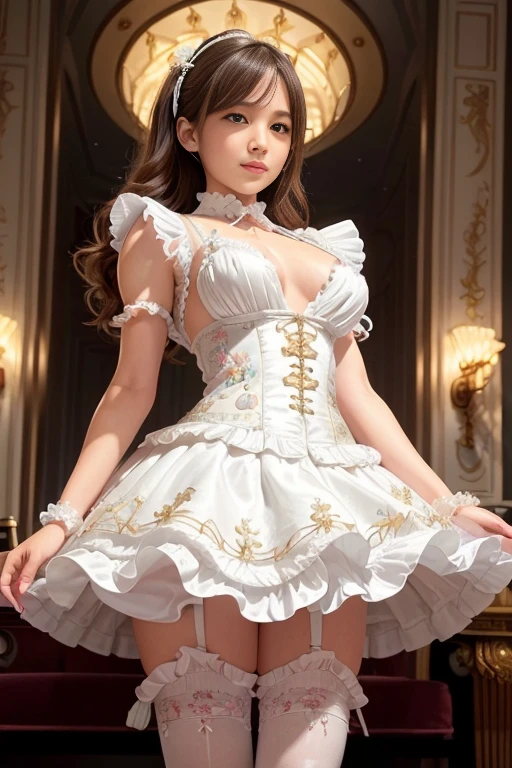 8k、 best quality 、MAXIMUM CLARITY  、  very detailed、Beautiful art、  very detailed、  biologically correct body  、  gentle smile、Maternal、 Transparent muscle 、   super big boobs 、(((   luxurious ruffles and delicate embroidery)))、  pantyhose、((Nipples that insist from under clothes))、 high definition , accurate、(((OPENING SKIRT )))