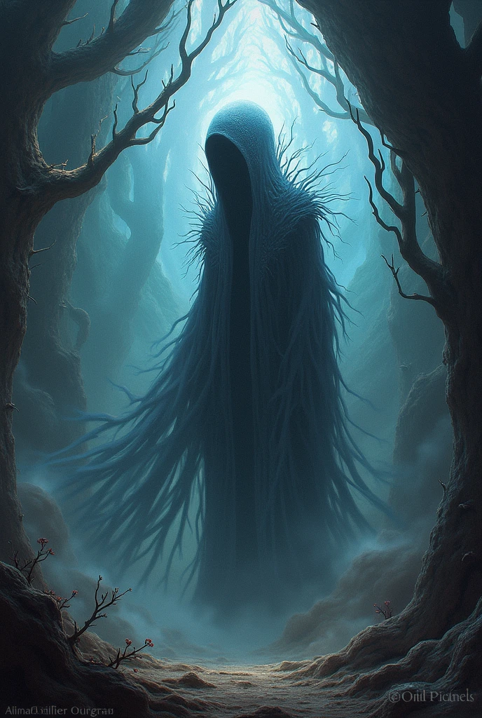 La photo est prise dans un décor obscur et mystique, peut-être une forêt sombre ou un château en ruines. Une lueur sinistre émane de son corps, créant des ombres inquiétantes autour d'elle.
