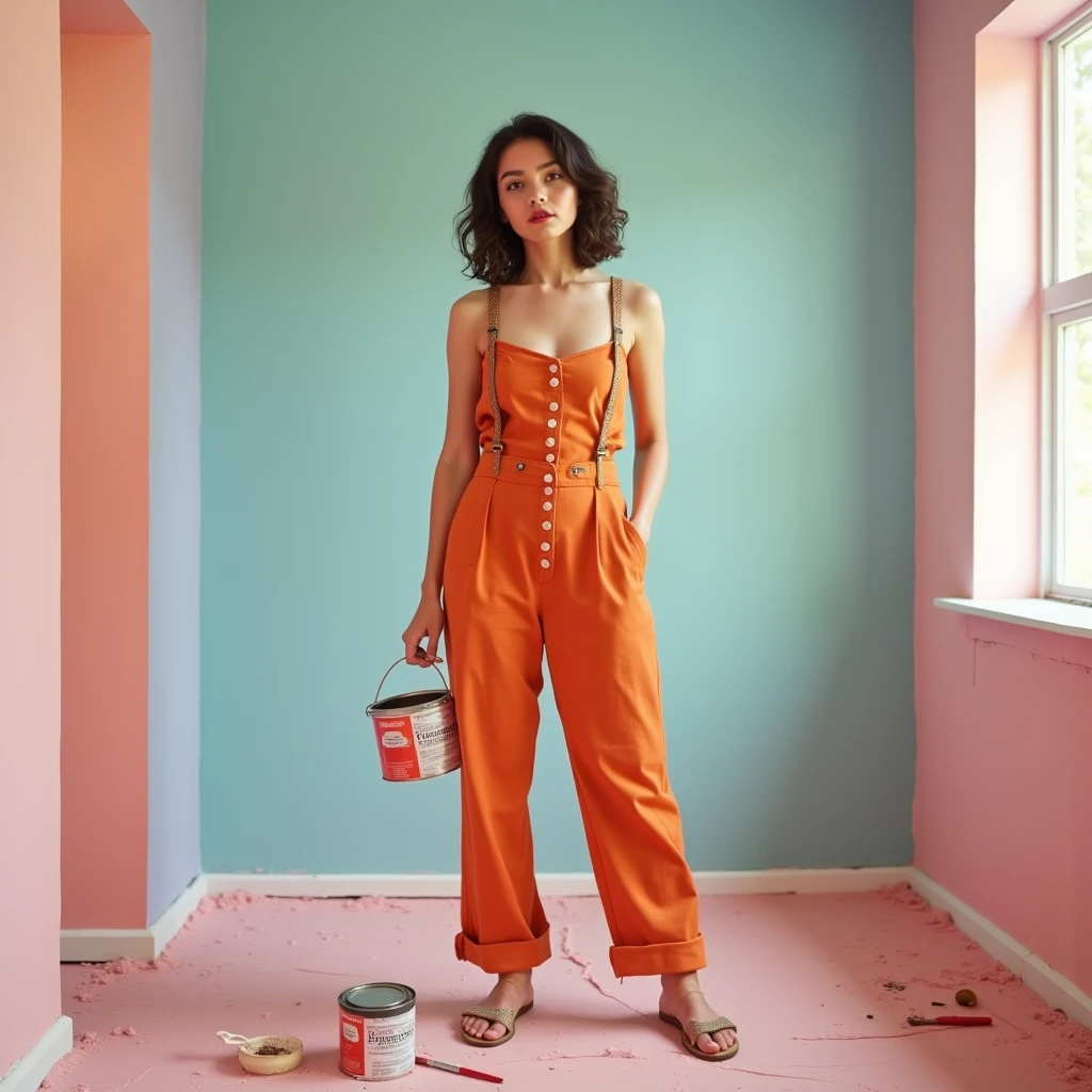 ((RAW photo), absurd, (absurdresolution)), masterpiece, best quality, hyperrealism, ((24 years old)), (pearl grey eyes, sharp pupil, real), (red lips), (orange jumpsuit with lots of buttons, sandals, bare shoulders, suspenders), ((standing, leg slightly bent)), pensive, painting her room, brush in hand, paint can, pastel colors. (Photographic Perspective). «SunPuma S»