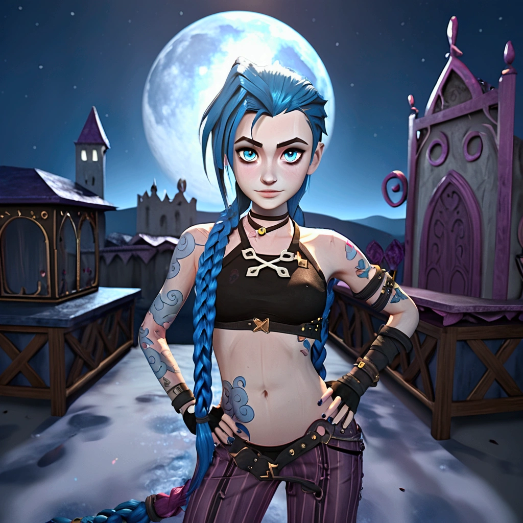 Picture in 3D. young woman (JINX Arcane ),  strap with blue hair braided in a long braid , with blue eyes. There are tattoos on the body, striped ,  lilac pants with a strap,  and a black short top with white laces in the middle.