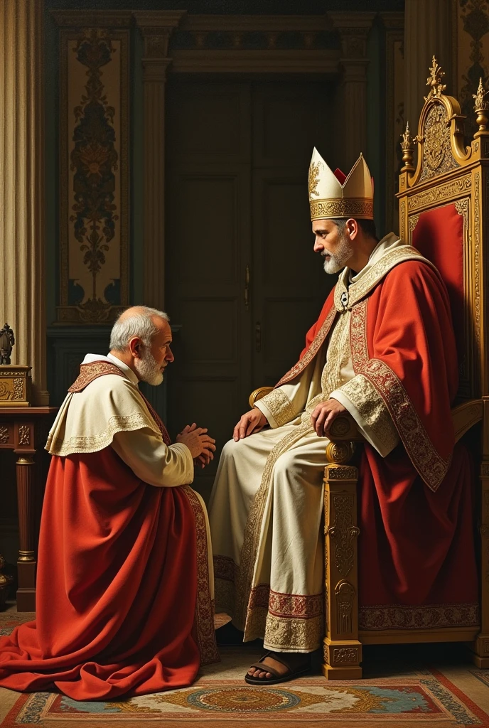 two priests standing in front of a table with a bird on it , hat, standing, male focus, multiple boys, wings, indoors, facial hair, table, cross, beard, robe, realistic, candle, statue, painting (object), fine art parody, candlestand, priest, mitre, Orson Welles, Rodrigo Prieto , <lora:Movie_aesthetic_XL:1>