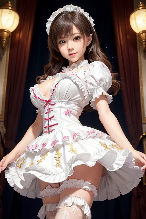 8k、 best quality 、MAXIMUM CLARITY  、  very detailed、Beautiful art、  very detailed、  biologically correct body  、  gentle smile、Maternal、 Transparent muscle 、   super big boobs 、(((   luxurious ruffles and delicate embroidery)))、  pantyhose、 high definition , accurate、((( skirt rolls up and panties visible)))