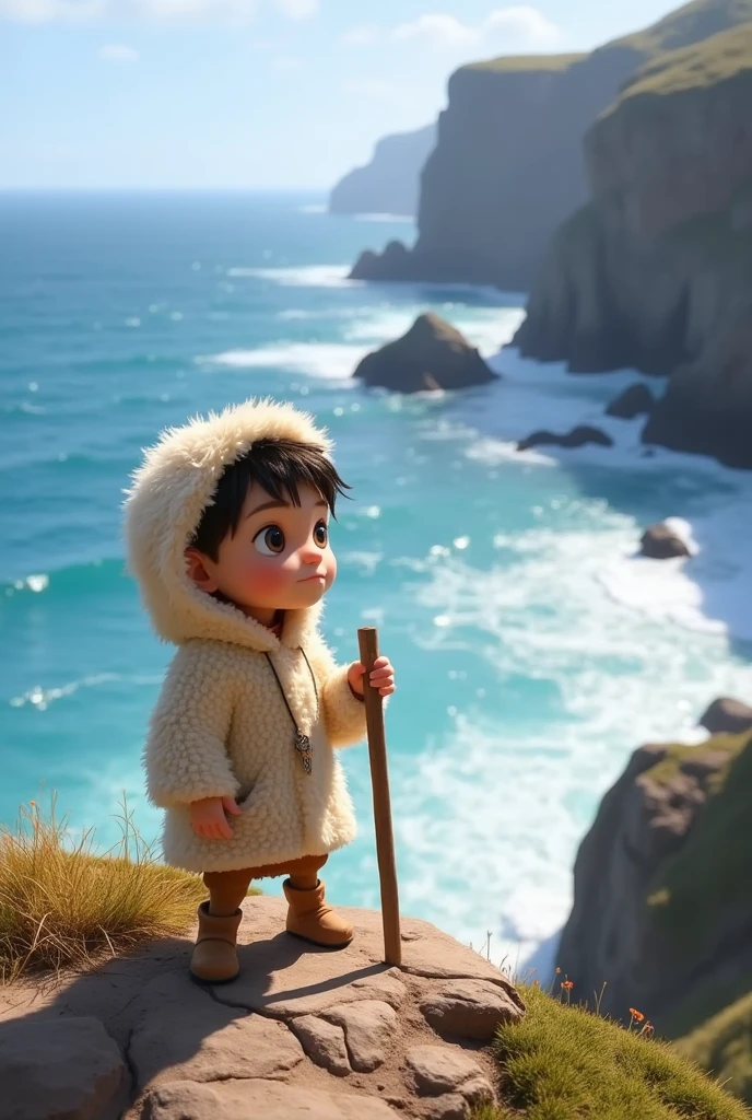 ((Masterpiece in full 16K resolution, with a Disney-Pixar style emphasizing a dynamic 3D perspective))A little  girl in a sheepskin outfit with a big staff looking at the sea