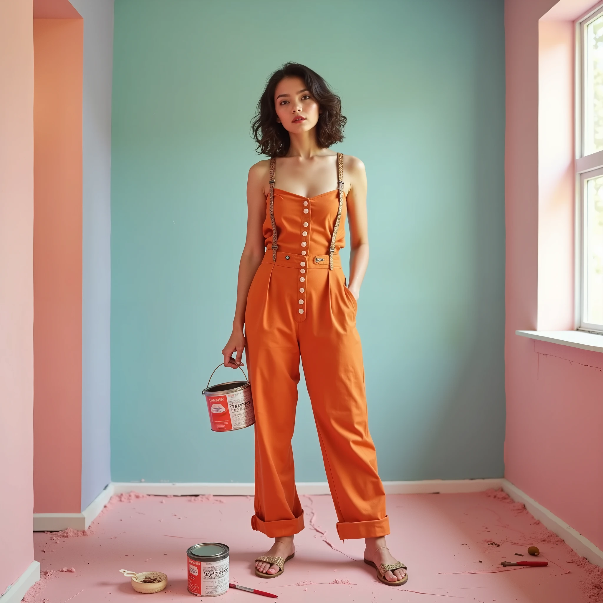 ((RAW photo), absurd, (absurdresolution)), masterpiece, best quality, hyperrealism, ((24 years old)), (pearl grey eyes, sharp pupil, real), (red lips), (orange jumpsuit with lots of buttons, sandals, bare shoulders, suspenders), ((standing, leg slightly bent)), pensive, painting her room, brush in hand, paint can, pastel colors. (Photographic Perspective). «SunPuma S»