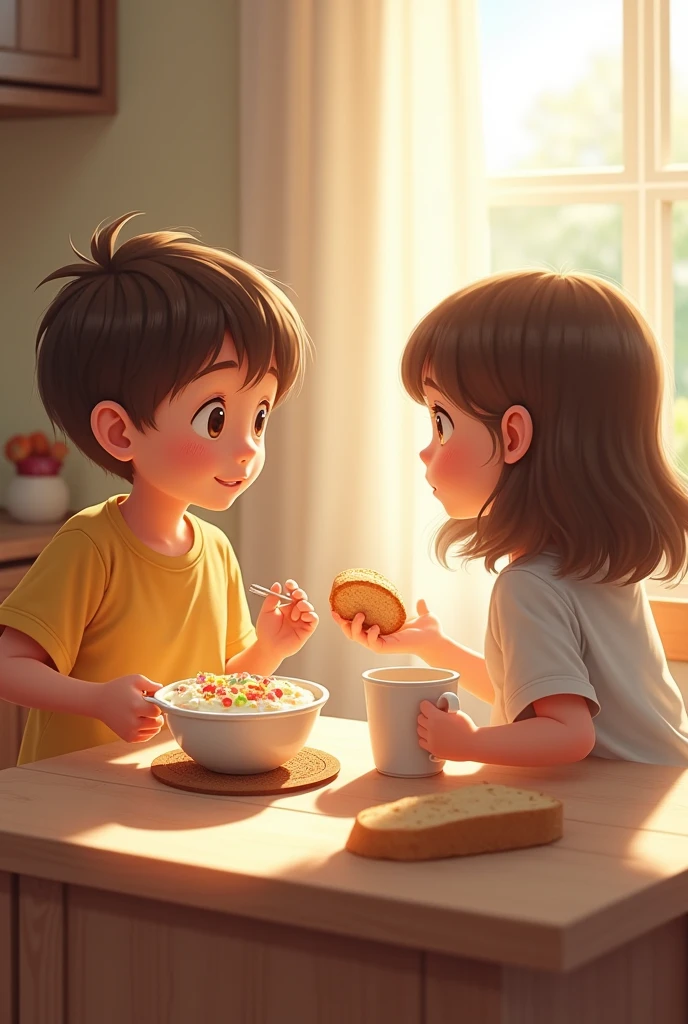 A brother feeding samdwich to his sister with his hands