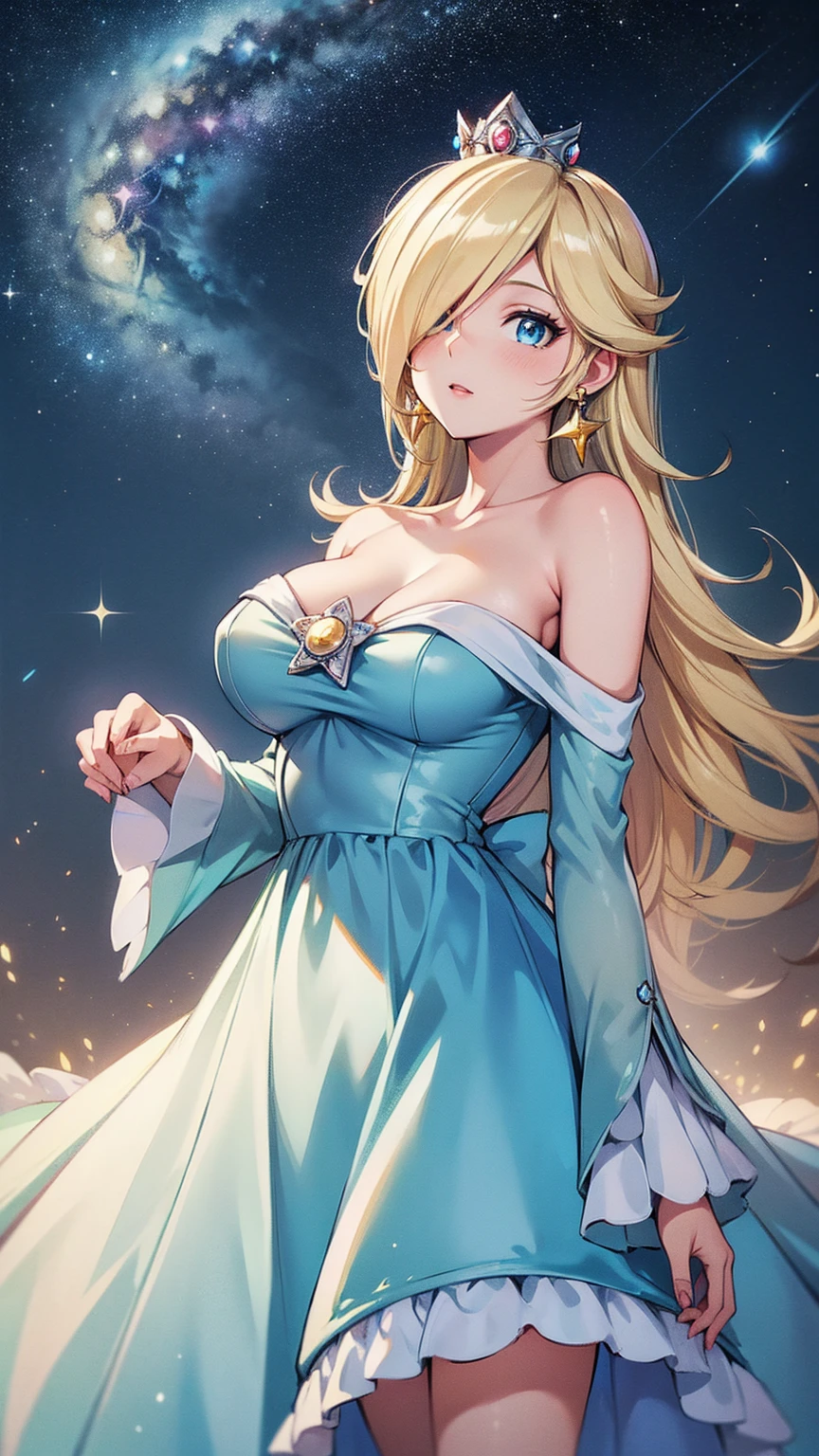 (masterpiece,best quality,ultra-delicate,Perfect Face,16k,very detailed eyes,high resolution )),princesa rosalina, blue dress, big breasts, adult body, starry sky, semblante angelical
