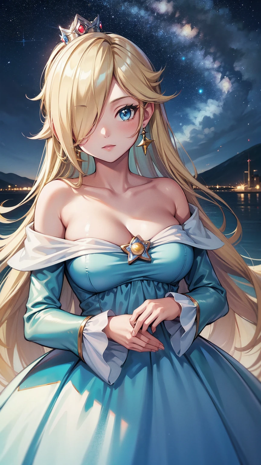 (masterpiece,best quality,ultra-delicate,Perfect Face,16k,very detailed eyes,high resolution )),princesa rosalina, blue dress, big breasts, adult body, starry sky, semblante angelical
