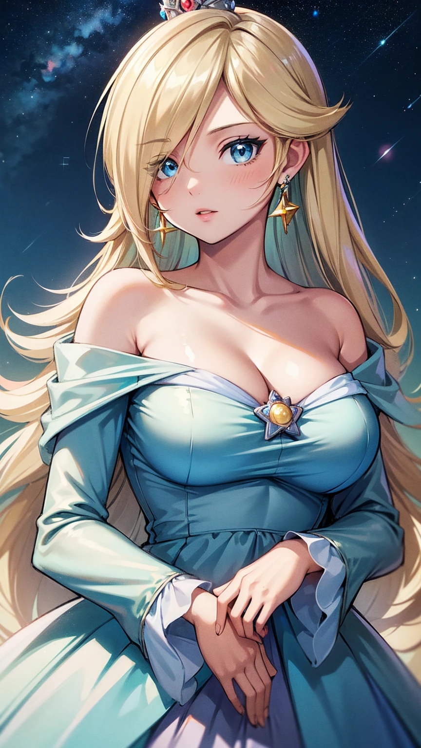 (masterpiece,best quality,ultra-delicate,Perfect Face,16k,very detailed eyes,high resolution )),princesa rosalina, blue dress, big breasts, adult body, starry sky, semblante angelical
