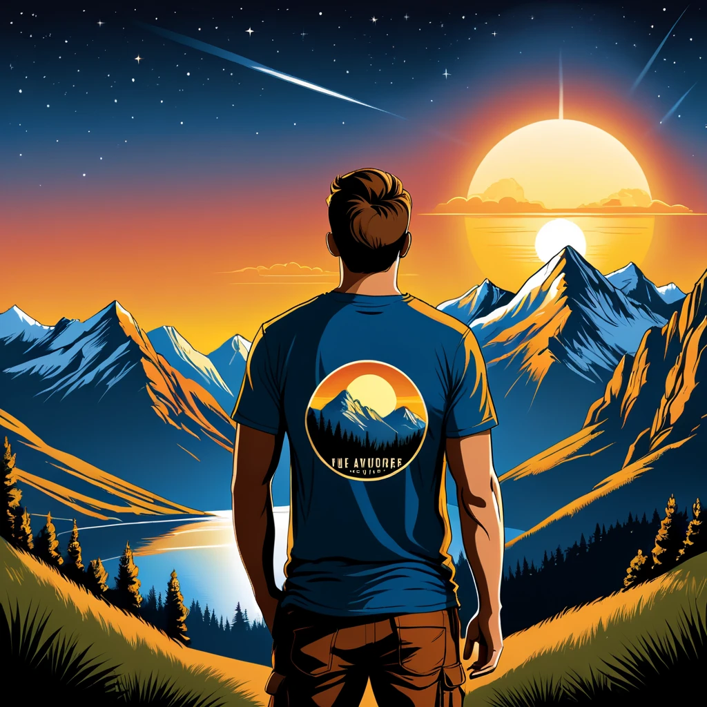 print ready vector t-shirt design, adventure scene with explorer, with beautiful nocturnal sun and mountain in the background, clean white background, professional vector, full shot, 8K resolution, deep impression illustration