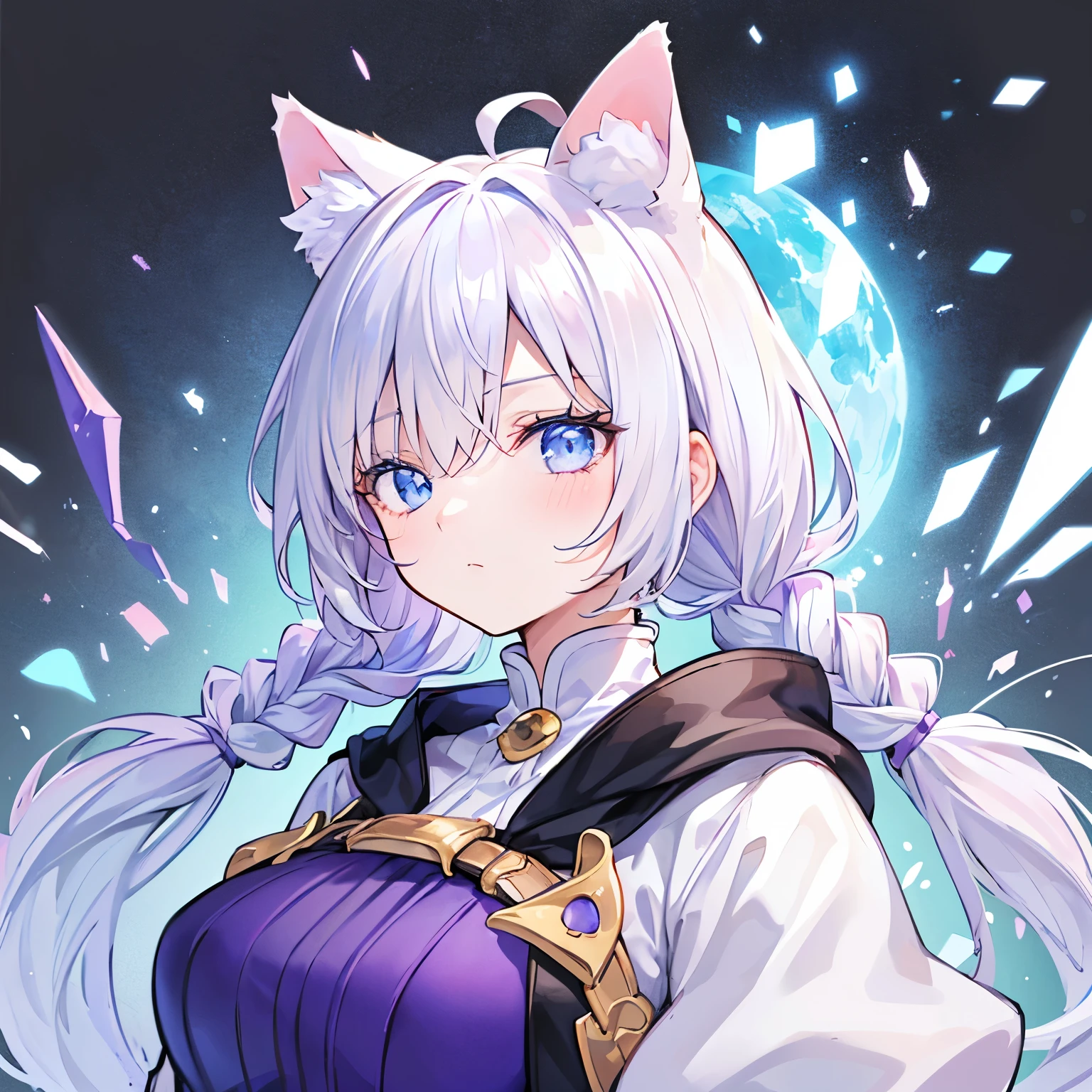 (White background), (masterpiece, best quality), solo, vtuber-fullbody, full body, (white backgound), 1girl, cat ears,(height 157cm), (long hair, low twintails), ahoge, (white blue hair), (beautiful eye), (left eye purple), (right eye blue), fantasy 