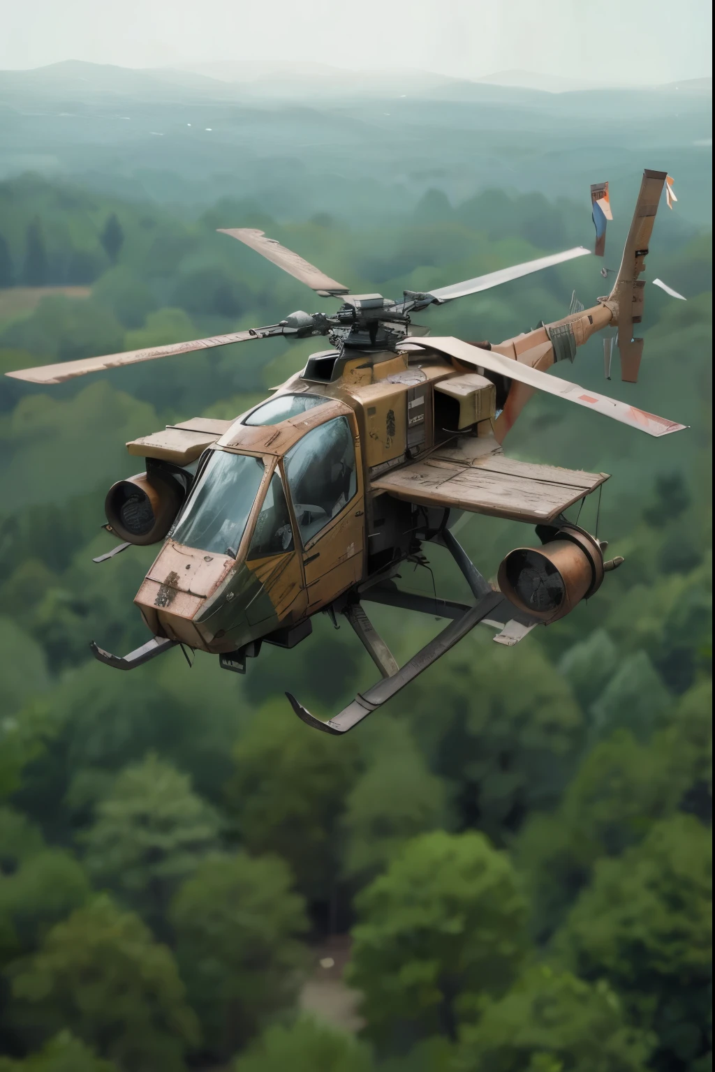 helicopter flying high above a forest, built using rusty metal, scrappy construction, made from scrap, post-apocalypse, flags draped below the landing skis, hard angle plating, sleek, harsh angles. forest background