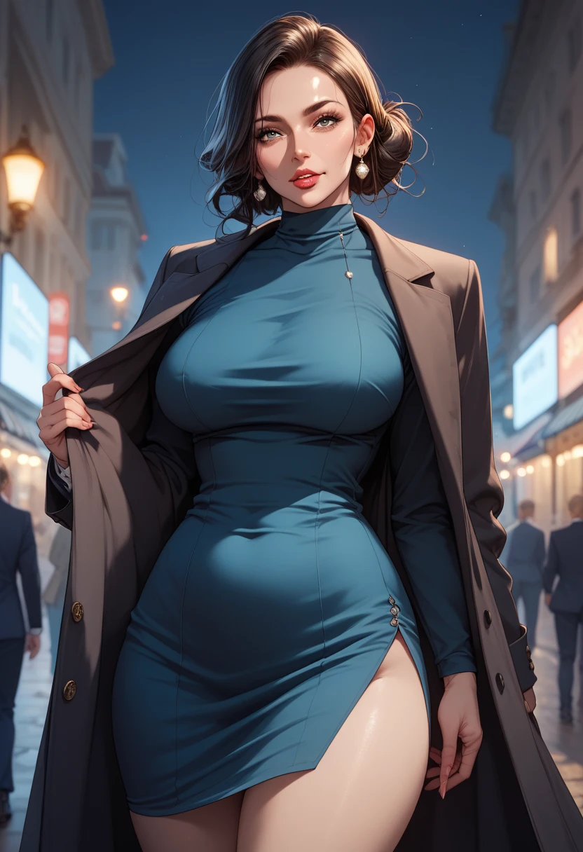 sexy countryside milf, thigh hips, coat, suit dress