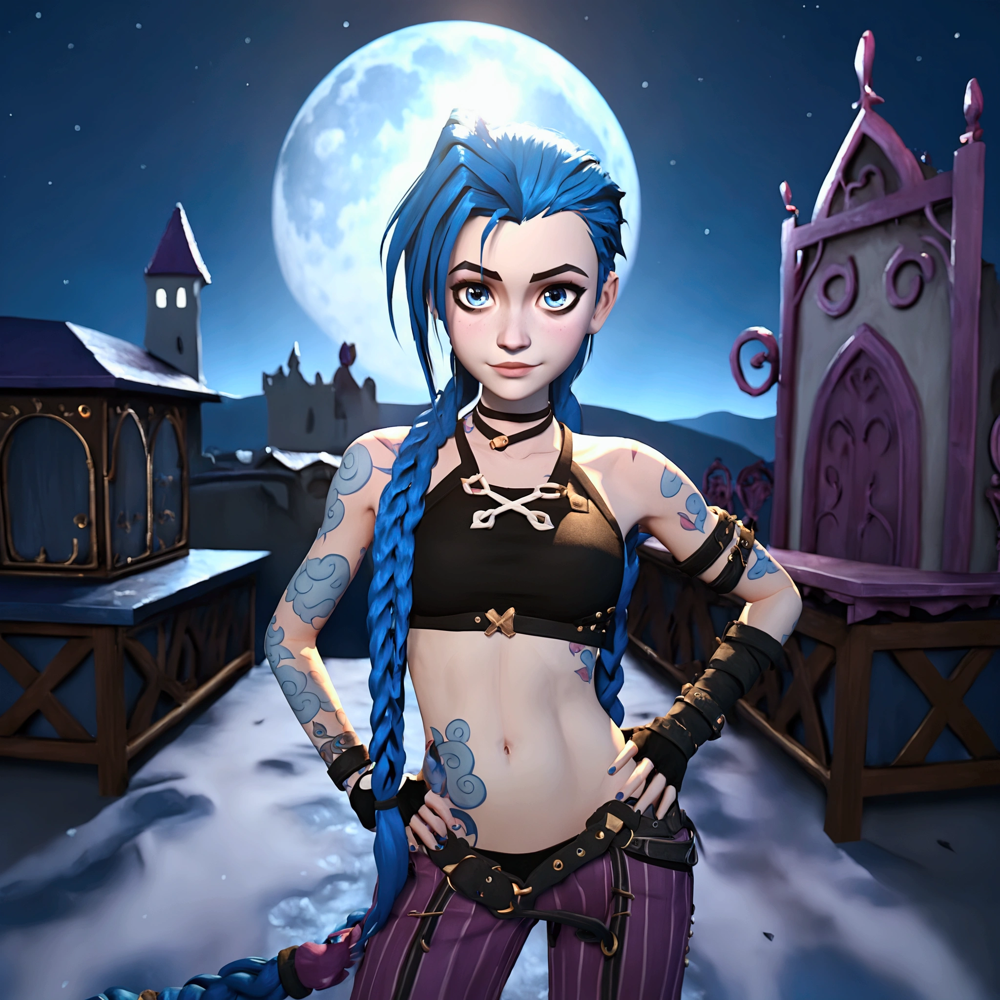 Picture in 3D. young woman (JINX Arcane ),  strap with blue hair braided in a long braid , with blue eyes. There are tattoos on the body, striped ,  lilac pants with a strap,  and a black short top with white laces in the middle.