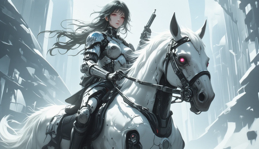 a semi robotic female knight riding a white mechanical horse with flowing long hair and holding a handgun is a future police officer,white future technology style,