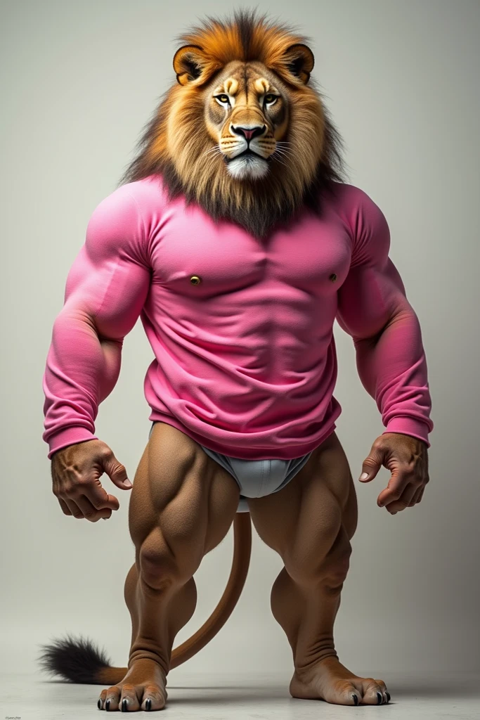 Lion, Male, solo, aldult, long, blonde mane, barbe menton blonde, beaux yeux verts, detailed eyes, Detailed face, muscled body, very fat very round belly, gros pectoraux, gros biceps, sportif, jockstrap serrant moulant, fond salle de musculation, regard accueillant, sourire, vue de tout le corps, regarde le téléspectateur (intricate, high detail, film photography, soft focus, RAW candid cinema, photorealism, realistic, photorealistic, analog style, subsurface scattering, masterpiece, best quality, ultra realistic, 8k)