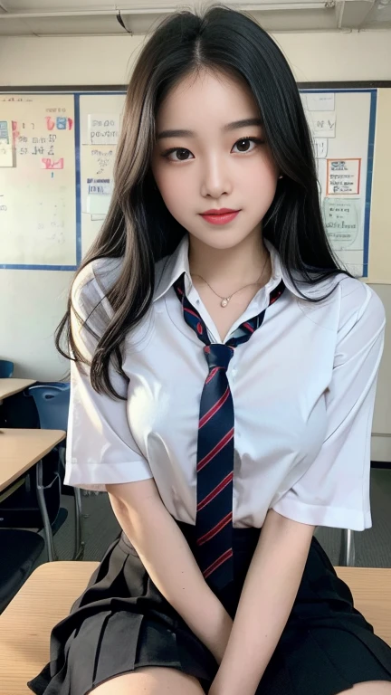 NSFW,masterpiece,(best quality:1.4),(8k,raw photo,photo realistic:1.2),best quality,high quality, masterpiece,detailed,high resolution,shiny skin,detailed skin,detailed face,detailed eyes,mutated hands and fingers,lightning body,highquality illustration,1 beautiful girl, Korean high school student, black hair, long silky hair, black eyes, thin lips, round face, big bust covered by a Korean school suit, tie tied around her neck, high school skirt, sitting on top of the desk, inside a empty classroom, captivating eyes, affectionate smile, alone in class, detailed art, morning setting

