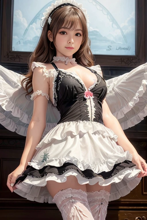 8k、 best quality 、MAXIMUM CLARITY  、  very detailed、Beautiful art、  very detailed、  biologically correct body  、  gentle smile、Maternal、 Transparent muscle 、   super big boobs 、(((   A lace swimsuit with luxurious ruffles and delicate embroidery)))、  pantyhose、 high definition , accurate、(((The skirt rolls up to reveal the swimsuit )))