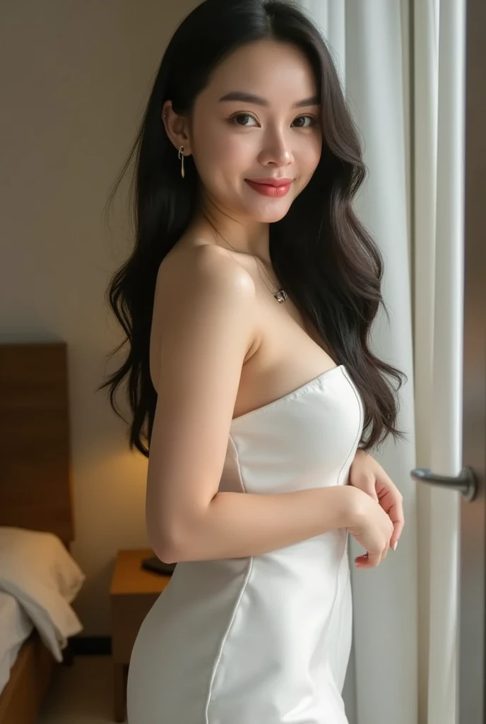 Skinny asian flat chest, long hair, ((small breast)), close up, dynamic angle, photorealistic, high resolution, looking at viewer, sharp focus, detailed, professional lighting, full body, natural colors, white dress and miniskirt, selfie shot, smile