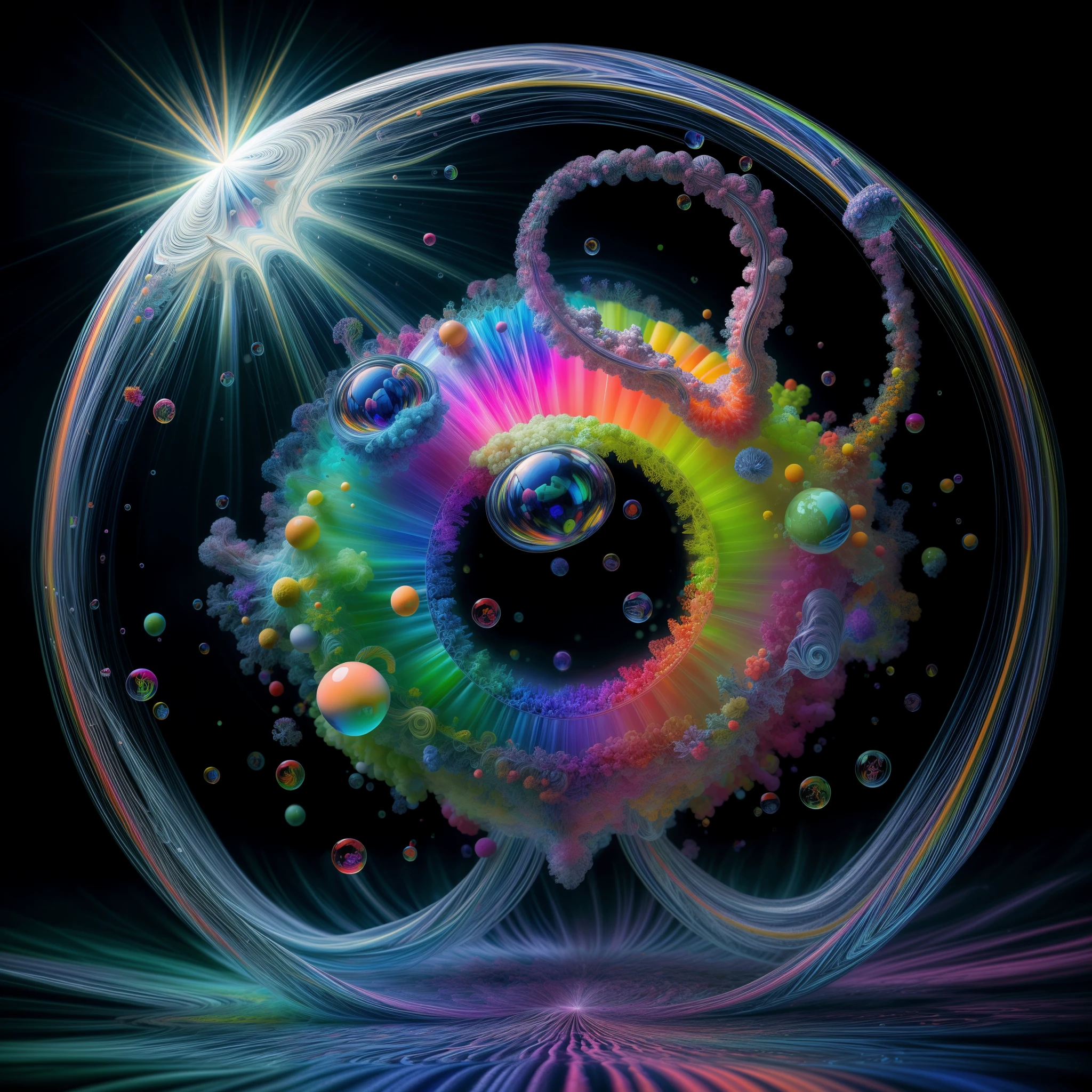 Brilliant images of pure light emerging from vibrant colors in a psychedelic dream, shimmering glass morphing out of colors, tripped out detailed patterns in all colors, perfectly formed symmetrical spheres and glowing reflective bubbles, attention to detail on the bubbles and spheres, rainbows of color twisted in and out of translucent orbs, background is spilled paint and spirals of swirling colour, beautiful psychedelic digital art, pixel art, neon colors, 4d mandelbulb psychedelics, glass like psychedelic landscape, intricate rainbow environment, psychedelic underwater brightness, LSD,DMT, Psilocybin, Mescaline, trails of color and light, bright fluorescent colors, psychedelic trip, fluorescent psychedelic aesthetic, psychedelic vibrant colors, bright psychedelic neon colors, colorful paint drips out of the bubbles, 3d glass spheres melt into each other spilling out colours, visually disorienting, hallucination inducing, optical illusions a must, startling, stunning images, awe inspiringly, best quality wallpaper, Pixel Assets, Portrait photography, surrealism, Photorealistic, Hyperdetailed, Glass Morphism, Digital Art, Sparkle, Optical Illusion, Glowing Light, Reflection Light, Overexposure, God rays Backlighting, Depth Of Field, Rotational Symmetry, UHD, High Details, High Quality, Super Detailed, Best Quality, Award Winning, holographic, holographic earth Masterpiece