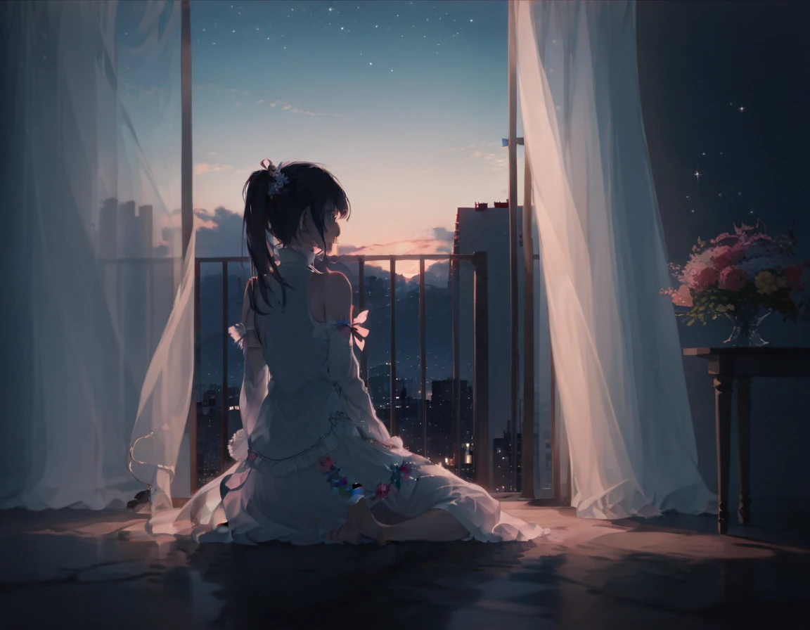 ellaによる,  amazing quality by Ella, masterpiece,  best quality,  absurd, beautiful, Detailed Shadows,  Aesthetic ,  1 girl, Alone, curtain, null,  from behind,  is sitting,  Shorthair,  knight , window,  skirt,  turn your back,  black hair, scenery, star (null), indoor,  knight null, dark, cityscape,, wind, white  skirt, starry null, Blur,  Building,A cute anime-style young girl with long black hair with in a ponytail, adorned with flower accessories and ribbons, She wears a light, elegant dress with soft pastel colors, creating a serene and graceful atmosphere. The overall style is detailed, masterpiece