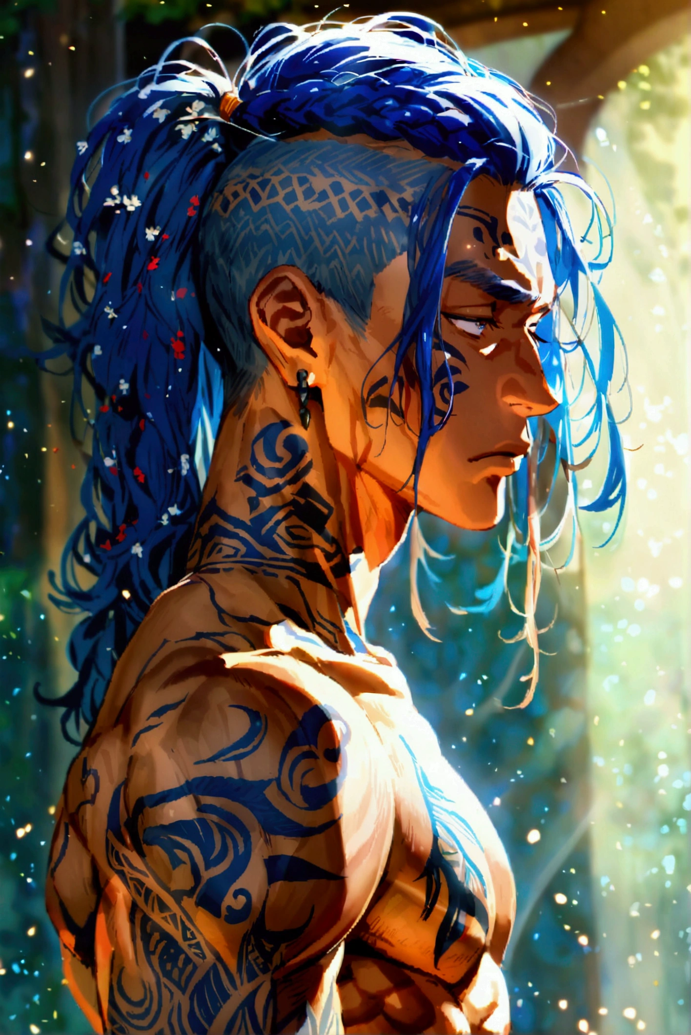 ((Detailed face)),((Mucha's style)),(portrait),((muscular male)),blue hair,(Medieval male soldier),(Mucha in the background),(high position:1.8)