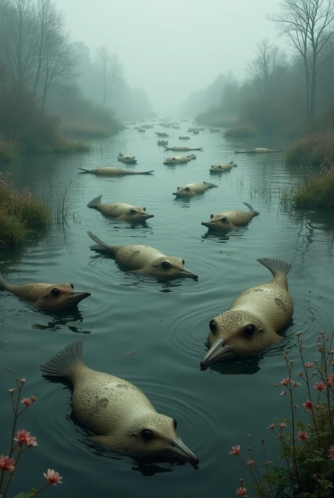 5. **The Dirty Lake:** An image showing the lake looking polluted, with garbage floating on the surface. The animals should be gathered around, looking concerned and sad.