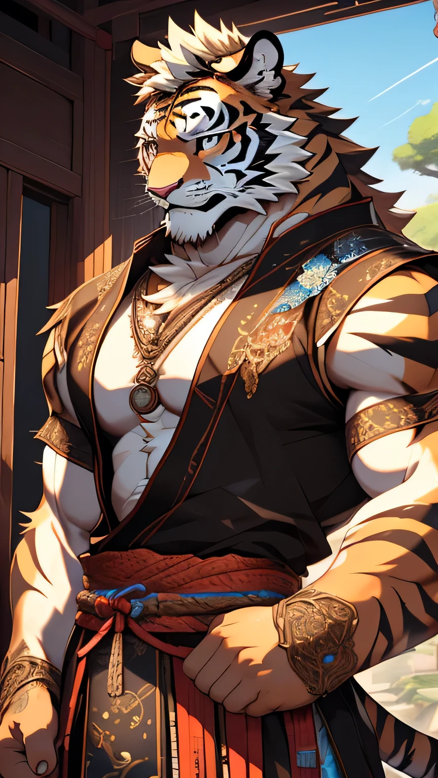 (masterpiece),( high resolution ),(Intricate details:1.4), very detailed ,(illustration:1.2),8K,Realistic,Anime avatar,Beautiful, Full body shot ,age,Oriental male young tiger, white fur , Muscular ,warrior,( bare bodice :1.4),Ancient Chinese armor ,Sexy 