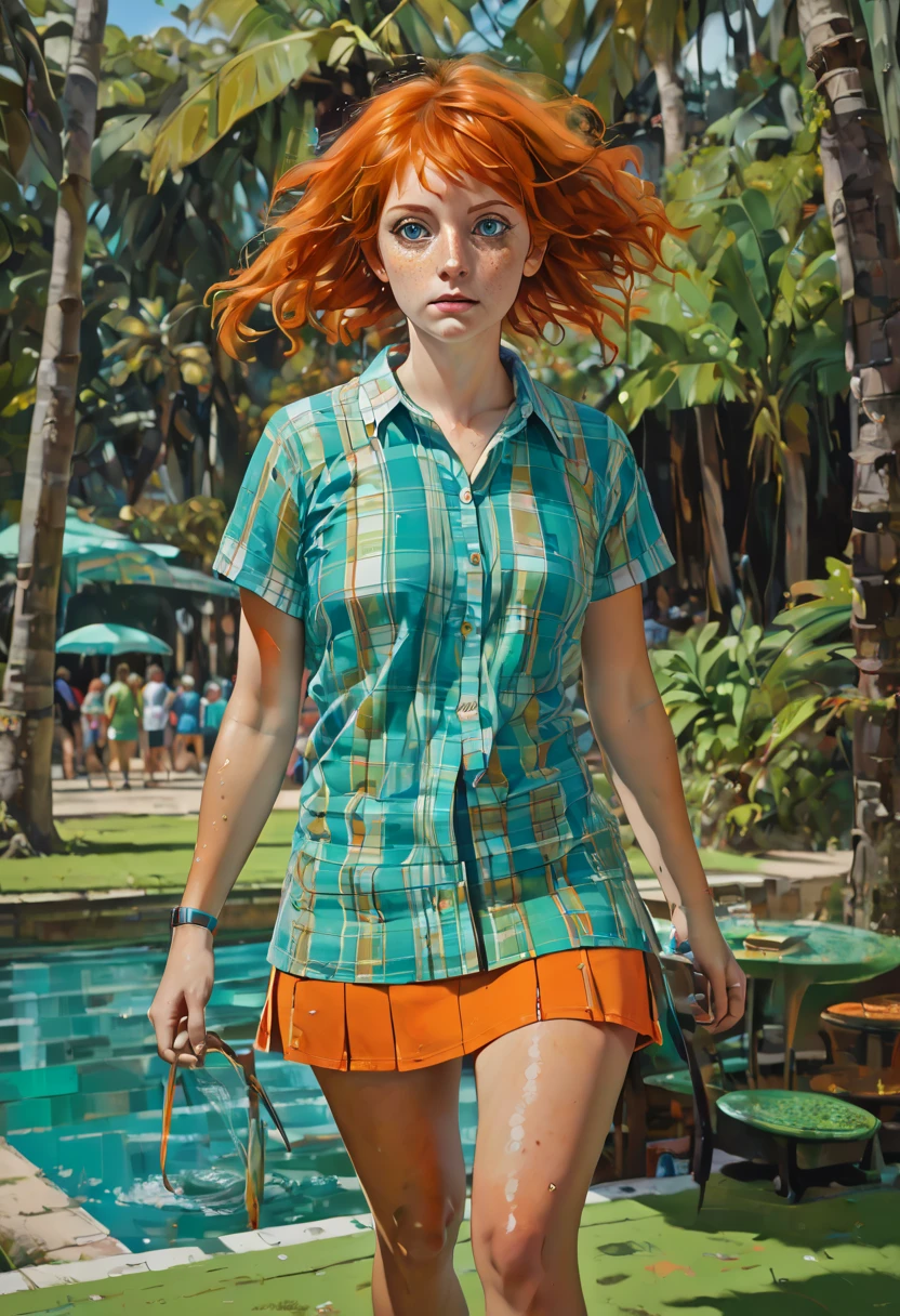 (bipolar background )  young girl Isabel Moner-SMF Dora ), (((view down))) (low camera view ). (  hyperrealistic  ), Very short orange hair,   expressive green eyes  , freckles,  Hawaiian tunic,  checkered mini skirt , sports, Sweaty,  medium breasts , aesthetics, ((oil painting)), (cadmium:0.2), (ultramarine :0.2), (olive :0.75),(turquoise:0.2),(orange:0.2), (Jeremy Mann:0.5), ( by John Constable :0.1),(by El Greco:0.5),(  rough strokes of acrylic paint :0.75), 8k.