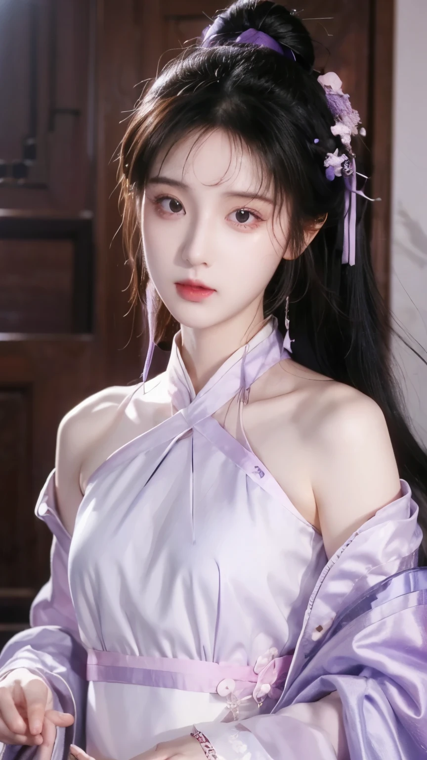 (Reality:1.4),  is of the best quality, masterpiece,   field super high resolution  , Duet,  1 girl at home, ( delicate face :1.2), ( Delicate eyes:1.2), (Detailed Hair:1.2), ( Detailed clothes :1.2), 4K, Purple Hanfu