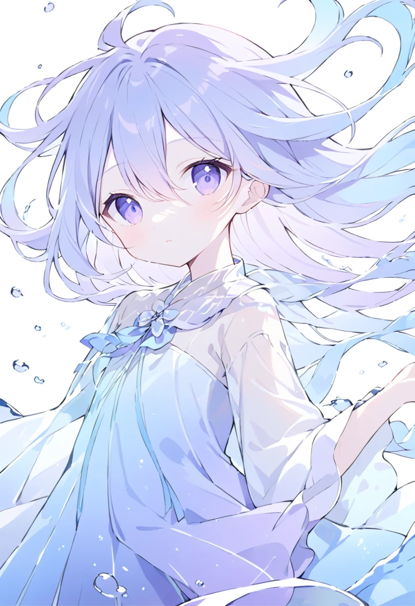 Transparent watercolor、 light blue long hair(( with purple gradation))、Extended bangs(( hair between eyes))、Fashionable clothes、 Please draw a girl's hair and clothes swaying gracefully underwater