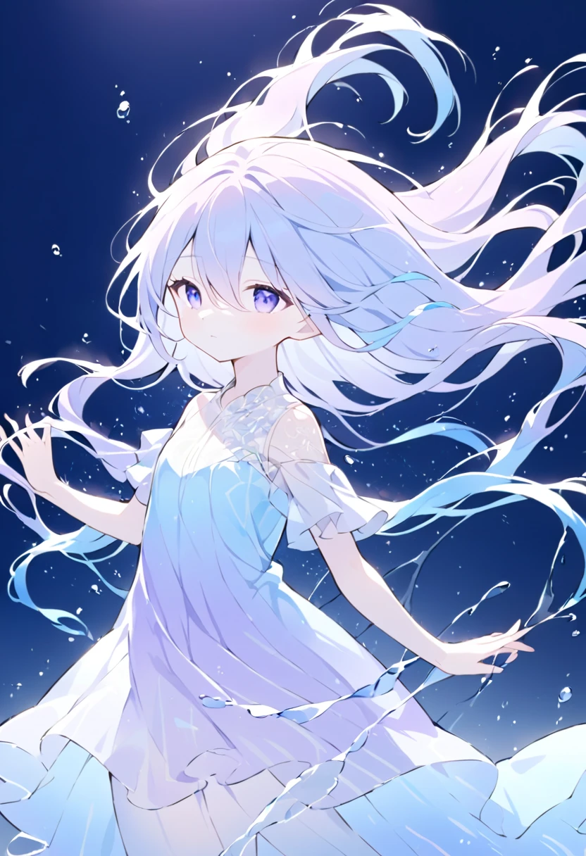 Transparent watercolor、 light blue long hair(( with purple gradation))、Extended bangs(( hair between eyes))、Fashionable clothes、 Please draw a girl's hair and clothes swaying gracefully underwater