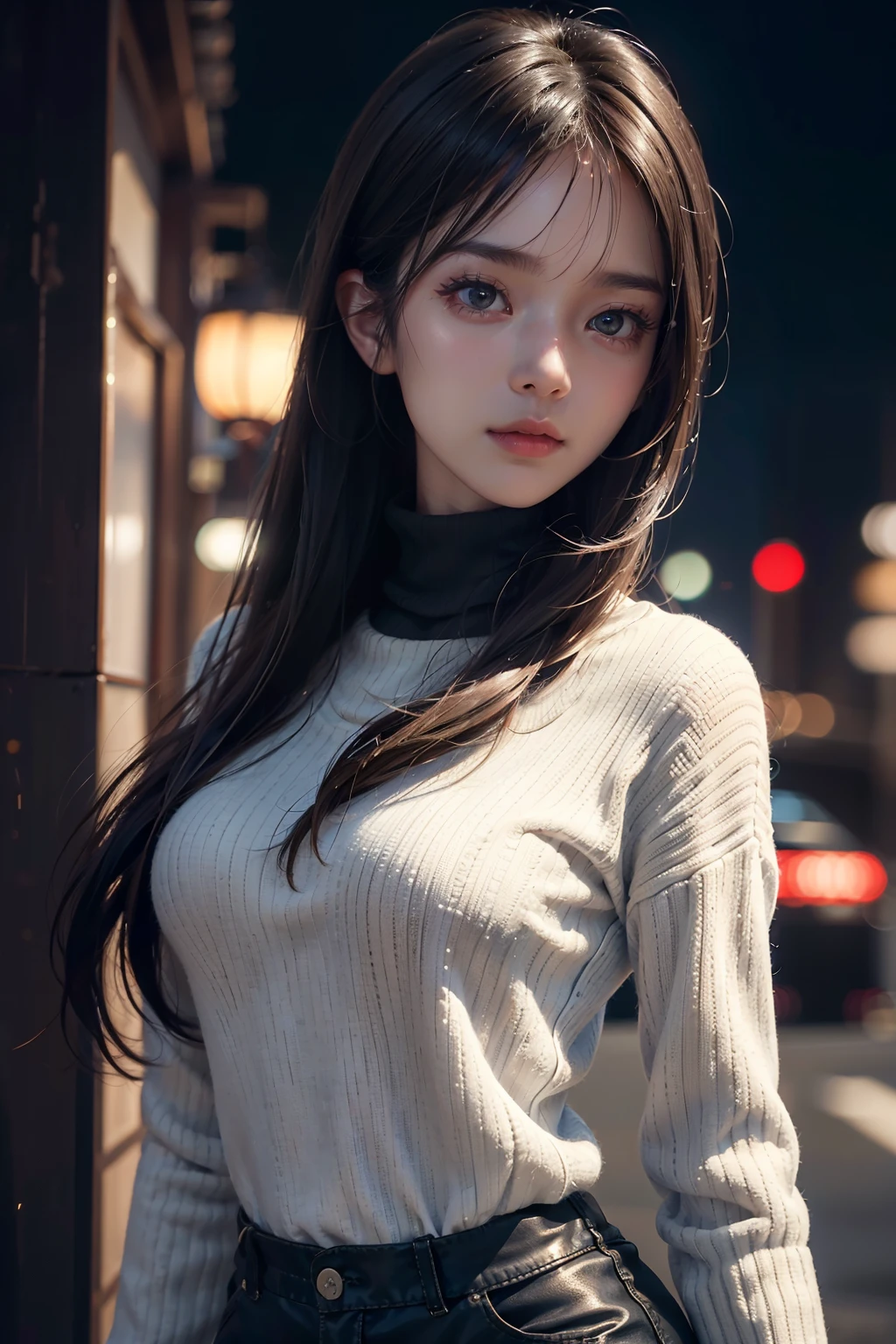 Photorealistic, masutepiece, Best Quality, Raw photo, selfee、1girl in, Solo, Long hair, Brown hair, Detailed face, alluring face, Sweater that kills virgins, medium breasts, Dynamic Pose, Looking at Viewer, From below, Detailed background, fine detailed, intricate detailes, Ray tracing, depth of fields, lowkey, nffsw